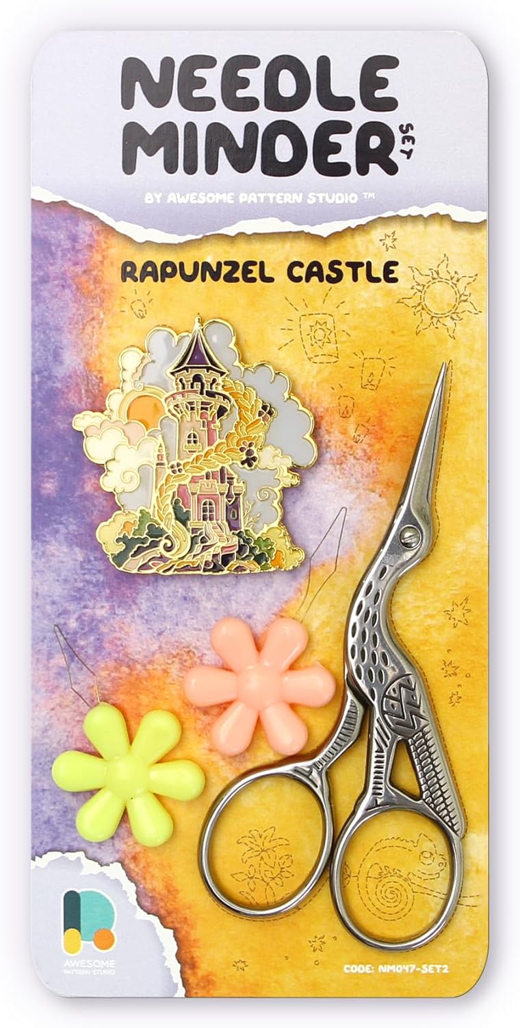 Awesome Pattern Studio Needle Minder Set - Rapunzel Castle Magnetic Needle Minder + 2 Needle Threaders + Crane Scissors. Enamel Pin for Cross Stitch, Embroidery and Craft - Image 1